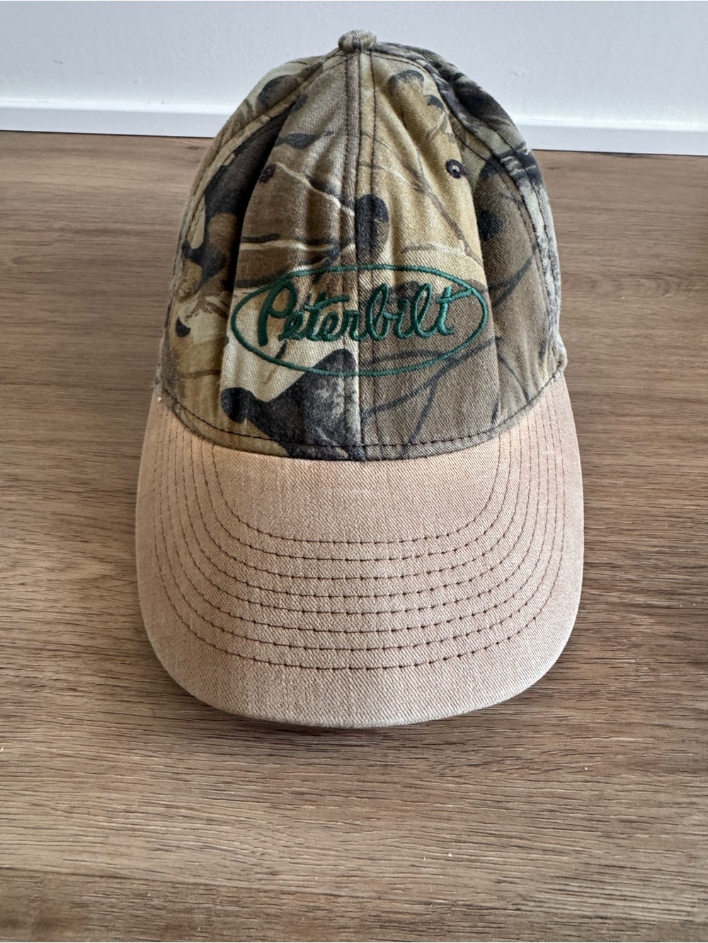 Vintage Peterbilt Camo Trucker Hat SnapBack Camouflage Tan Brim Made in USA